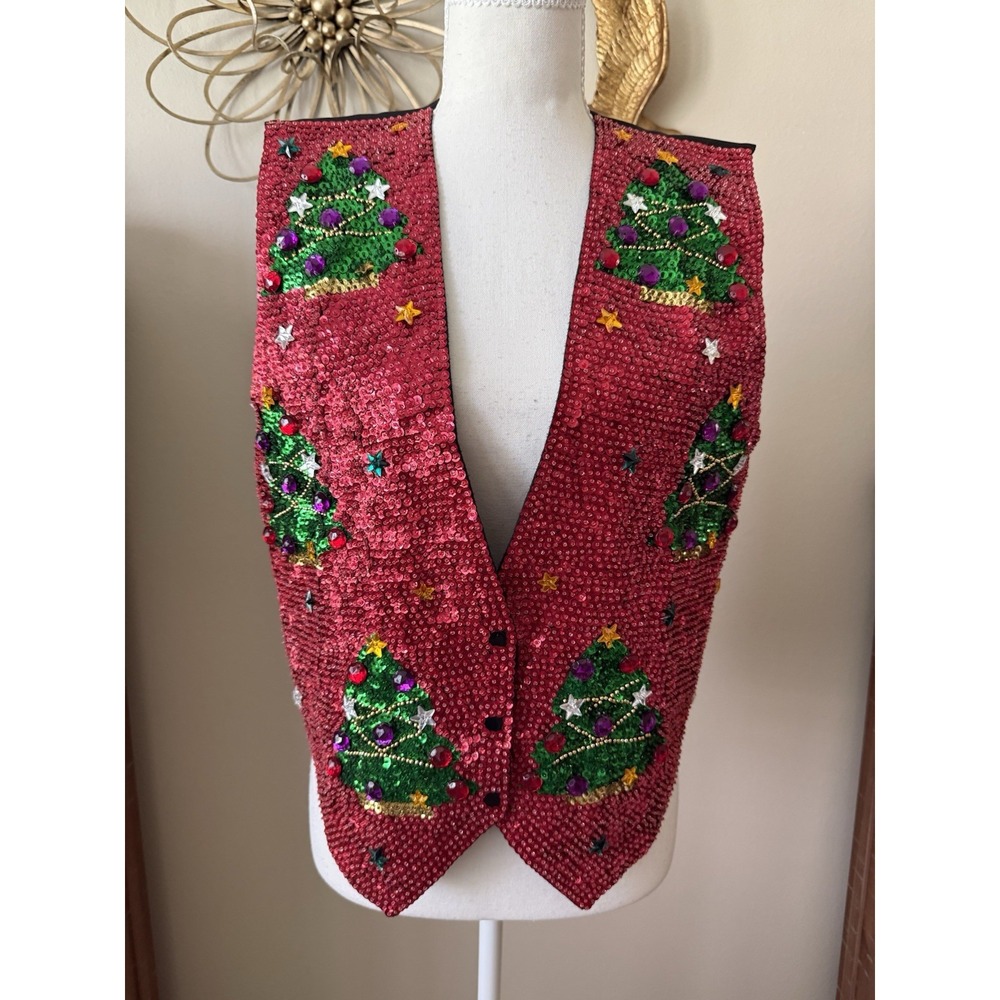 Vintage 90s Sequin Christmas Vest M Red Beaded Tree Ugly Xmas Party Handmade